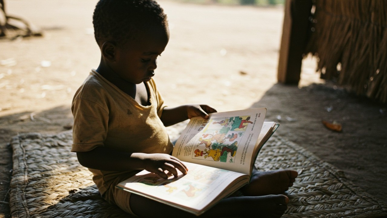 (c) AI Generated. An African kid reading a book.