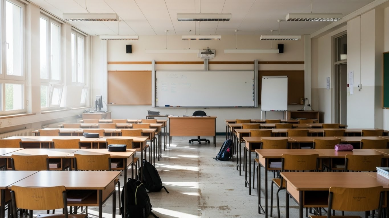 ImageFX. A classroom with chairs and tables.