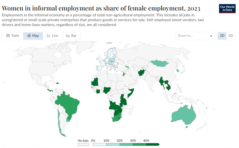 (c) Our World in Data. Women in informal employment as a share of female employment in 2023.