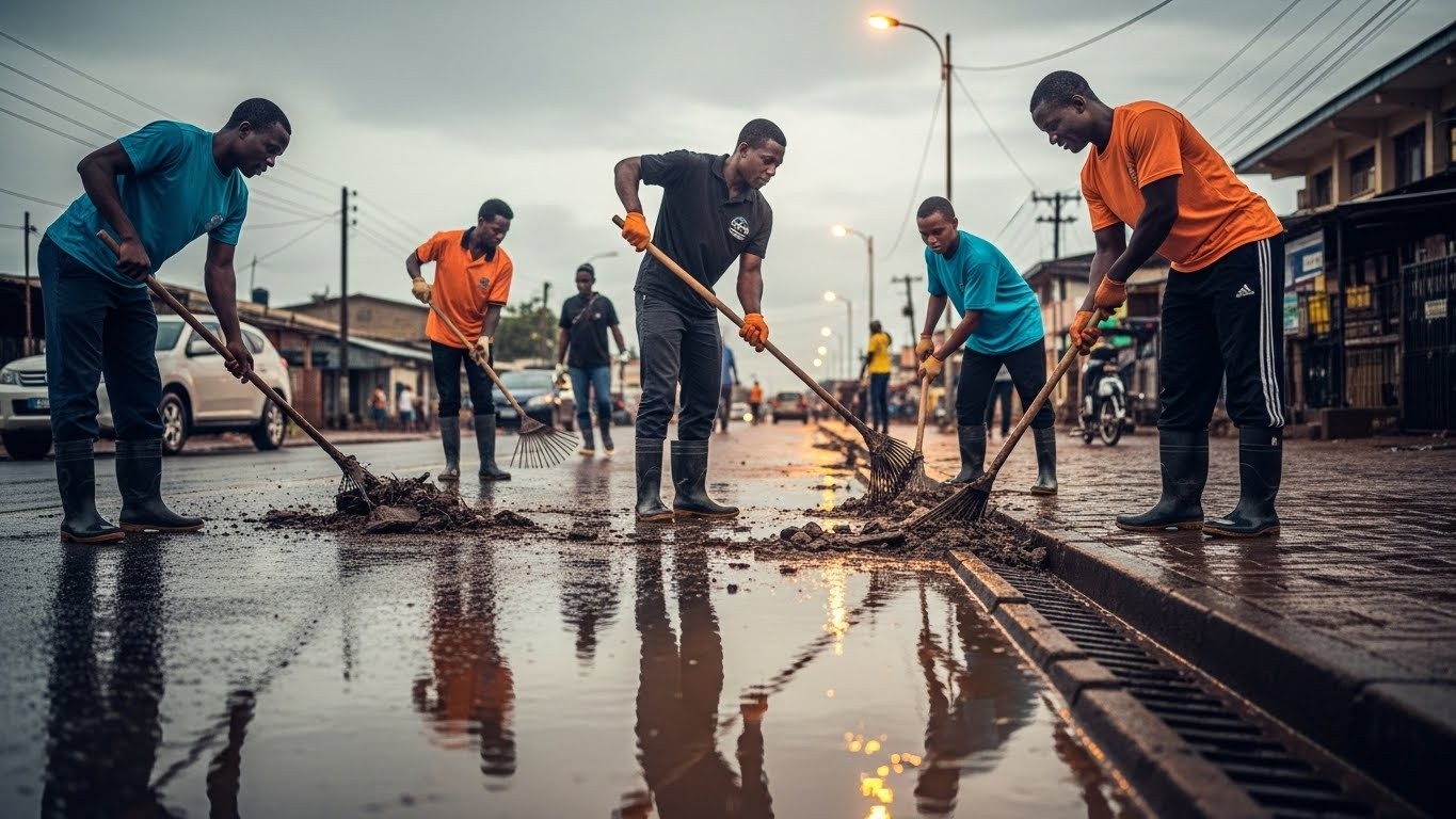 ImageFx. Volunteers cleaning the road after a heavy downpour.