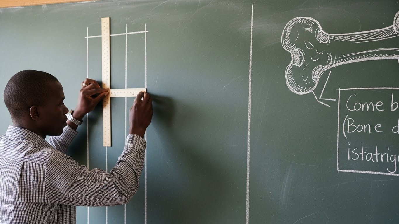 mgeFX. A teacher, using a ruler and chalk on the chalkboard